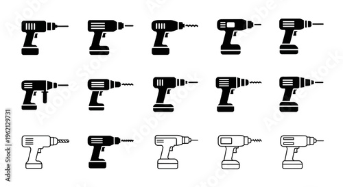Cordless Power Drill Icons Set: Black and White Silhouettes of Various Drills