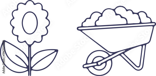 Garden wheelbarrow filled with soil and a blooming flower with leaves