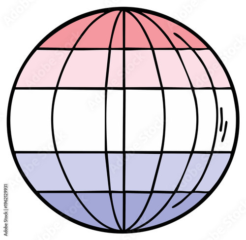 Stylized Globe Graphic with Pink Top White Center and Blue Bottom Circled by Black Lines