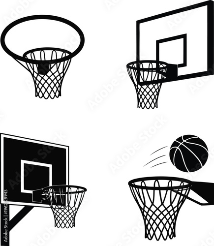 Four different illustrations of basketball hoops and a basketball in action