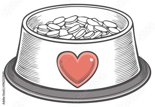 Hand drawn pet food bowl filled with kibble featuring a large heart emblem
