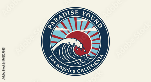 Modern Emblem with a Wave against a Blue Background, concept for vacation advertisements, tourism promotions, and coastal lifestyle branding.