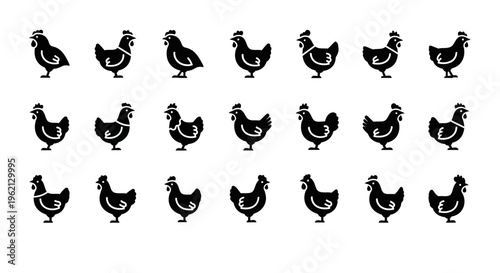Collection of Black Chicken Icons and Silhouettes on White Background