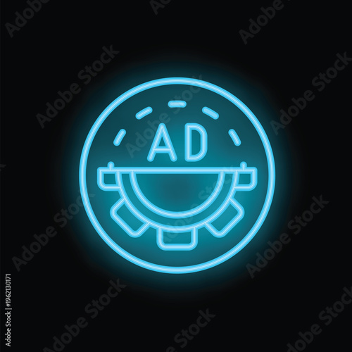 Neon sign representing the concept of advertising, with a banner displaying ad acronym and cogwheels turning