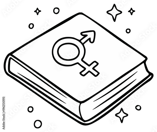 Linear drawing of gender studies textbook with transgender symbol and sparkles, outline illustration for coloring book