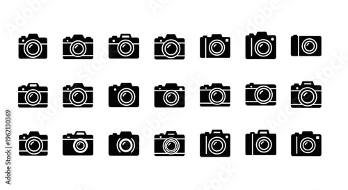 Collection of Camera Icons: Vintage and Modern DSLR and Mirrorless Camera Silhouettes