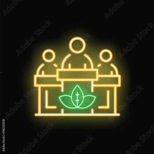 Neon sign depicting three politicians standing behind a tribune, discussing ecology and environmental issues