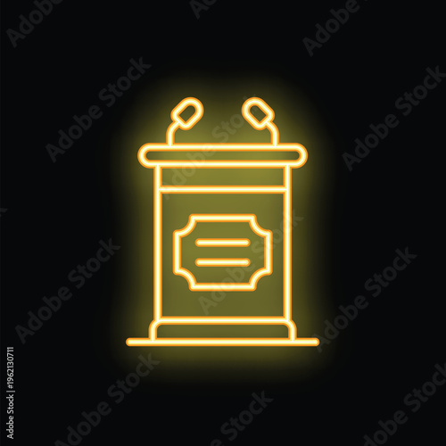 Glowing neon sign depicting a conference tribune equipped with microphones, symbolizing public speaking and presentations