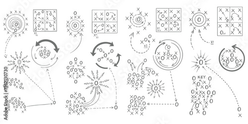 Set of tactical sports game plans with movement arrows and player position diagrams