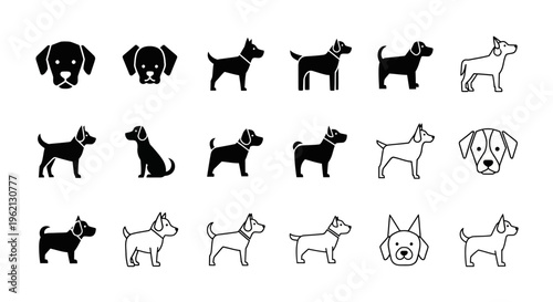 Dog Icons Set: Various Breeds and Poses, Silhouette and Outline Styles