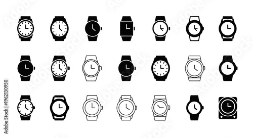 Collection of modern and classic wristwatches, icons, vector illustrations