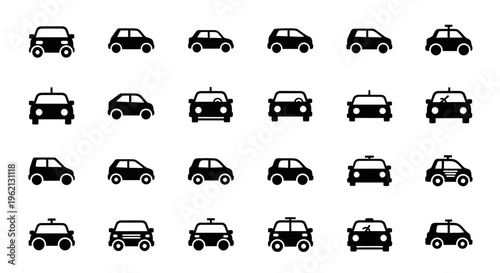 Set of Car Icons: City Vehicles, Automobiles, and Transport Symbols