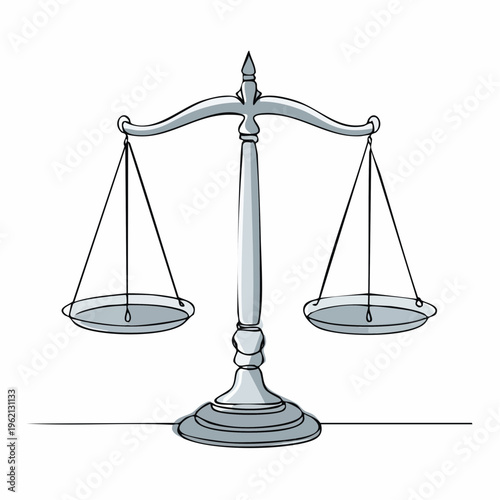 A continuous line drawing of scales of justice as a single outline vector illustration symbolizes law and balance.