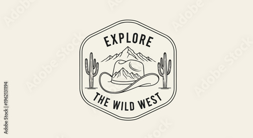 Rustic Emblem with Wild West details against a simple background concept for outdoors apparel design, travel blog branding, and event promotion.