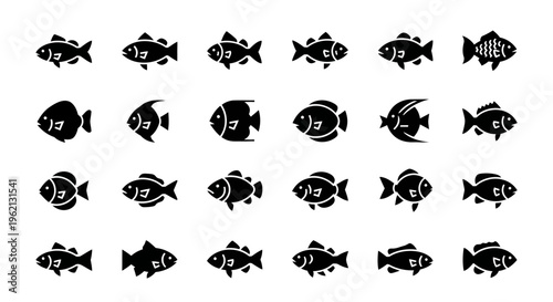 Collection of Diverse Fish Silhouettes, Aquatic Life Icons, Vector Graphics