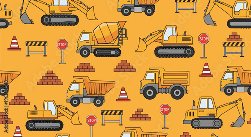Vibrant Construction Trucks with Seamless Design Against Gradient Background perfect for children's books, website backgrounds, and educational materials.