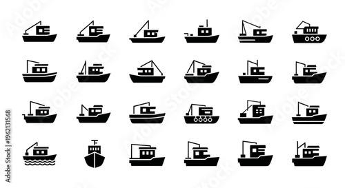 Collection of Fishing Boat Icons, Vector Set of Maritime Vessels, Marine Transportation