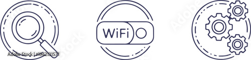 Icons representing search, wireless connectivity, and system settings or automation