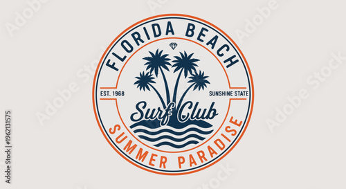 Vibrant Emblem with Palm Trees against a Clean Background perfect for beachwear advertisements, summer festival promotions, and travel agency branding.