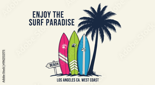 Vibrant Surfboards on the Beach with palm tree, concept for travel brochures, summer event promotions, and lifestyle branding.