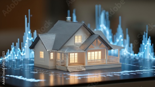 Model house on digital chart representing market analysis real estate with data spike, investment insight and property valuation.
