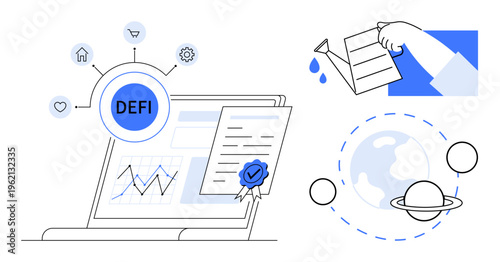 Decentralized finance, blockchain, financial growth, investment strategies, futuristic economy, global reach. Digital elements showing chart, contract DEFI hub. Decentralized finance and blockchain