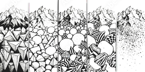 Abstract ink drawing series featuring geometric shapes transitioning into mountainous landscapes and particles