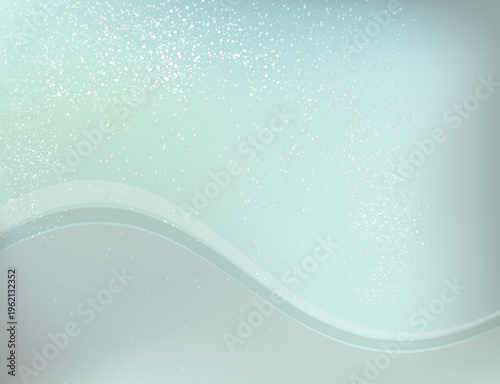 柔らかなパステルグリーンの波ときらめく粒子が広がる幻想的な抽象背景、癒しと清潔感を表現したナチュラルテイストのデザイン素材