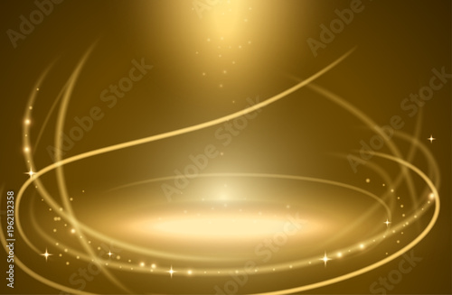 神秘的に輝く黄金の光のリングと粒子が舞う幻想的ステージ背景｜高級感あふれる抽象グラデーションバナー素材