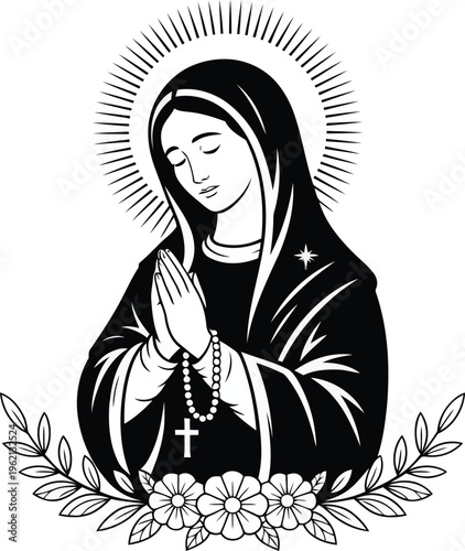 A serene illustration of a woman in prayer with a rosary and a cross.