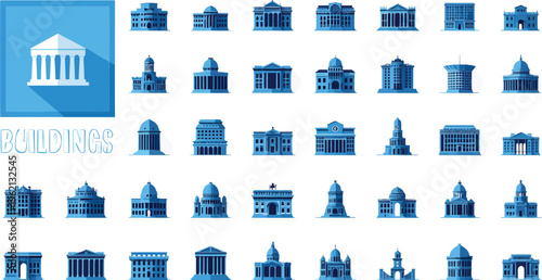 Collection of various blue government and classical style architectural building vector icons representing civic institutions and landmarks