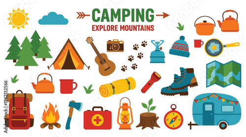 Camping and explore mountains colorful set with various outdoor elements.