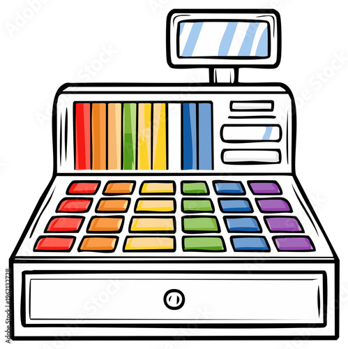 Colorful cartoon cash register with rainbow colored buttons and display