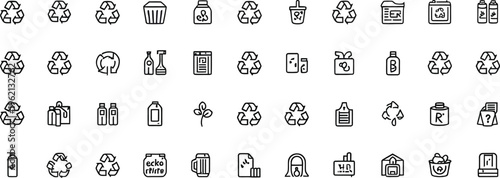 This minimalist vector illustration set features numerous outline icons representing recycling symbols, eco-friendly practices, and various waste products suitable for environmental awareness projects