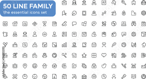 This extensive vector illustration graphic features a comprehensive collection of 50 essential line icons designed for modern digital projects, offering a versatile design set for web and mobile 