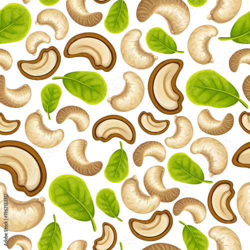 Seamless background with cashew, nuts. Vector illustration with seeds for textiles, prints, paper, notebooks, books, brochures, templates for diaries, copybook.