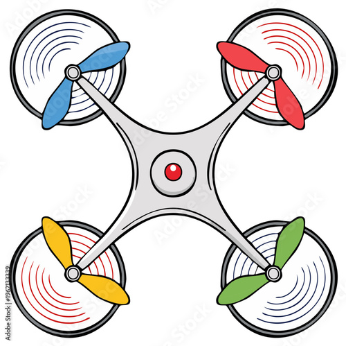 A colorful cartoon quadcopter drone with spinning propellers and a red camera eye