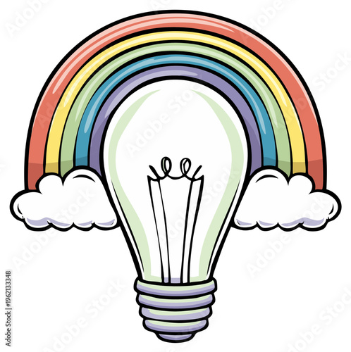Bright Idea Bulb Under Colorful Rainbow and Clouds Illustration