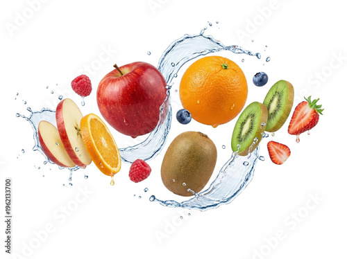 Fresh Mixed Fruits with Water Splash on White Background