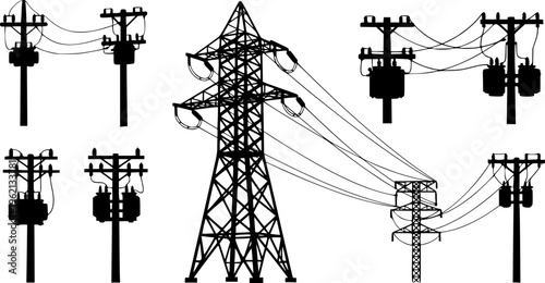 Solid black silhouette set of electric power lines, utility poles, and high voltage transmission towers, minimalist industrial energy infrastructure vector isolated on white.