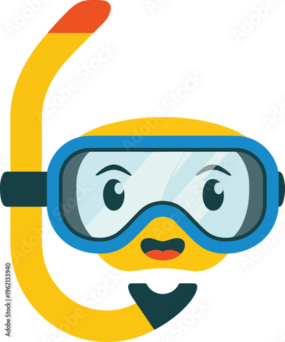 A cheerful yellow face wearing a blue and black snorkeling mask with a snorkel attached.