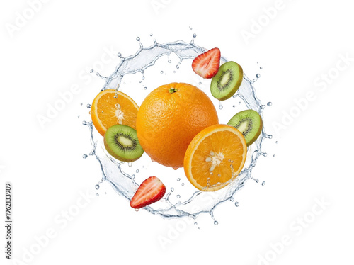 Mixed Fresh Fruits with Water Splash on White Background