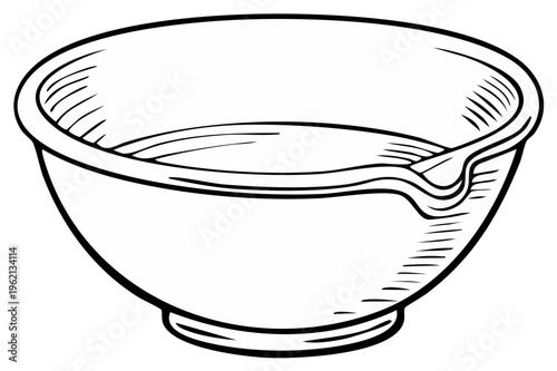Hand drawn illustration of a clear glass mixing bowl with a pouring spout filled with liquid