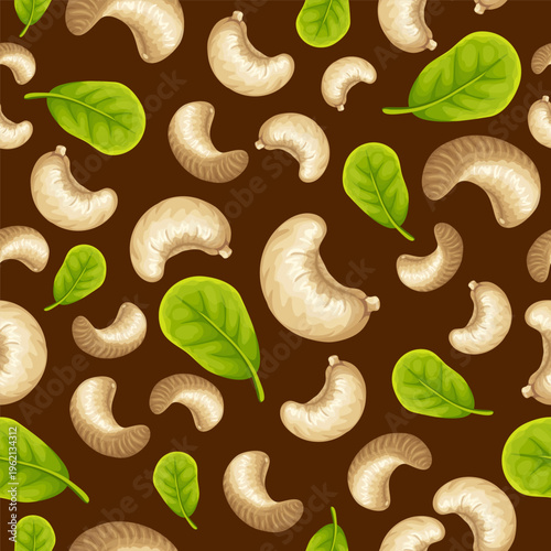 Seamless background with cashew, nuts. Vector illustration with seeds for textiles, prints, paper, notebooks, books, brochures, templates for diaries, copybook.