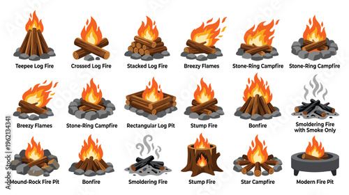 Campfire icons set isolated on white background with various burning fires.