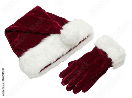 Santa Hat and Gloves on White Background