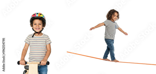 Kids Playing with Scooter and Balance Beam on White Background