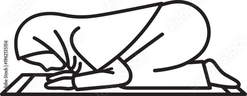 Muslim Woman Praying Salah Positions - Hijab Female Worshipper Dua Sujud and Reading Quran Line Art and Color Vector Illustration