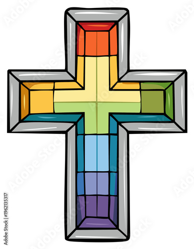 Colorful Stained Glass Christian Cross Symbol with Rainbow Hues and Religious Significance