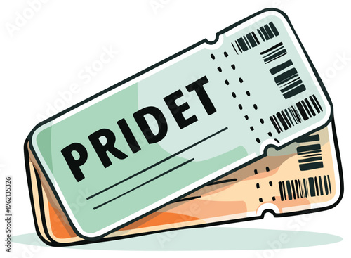 Vibrant cartoon style stacked admission tickets featuring PRIDET text barcodes and perforated edges for event access